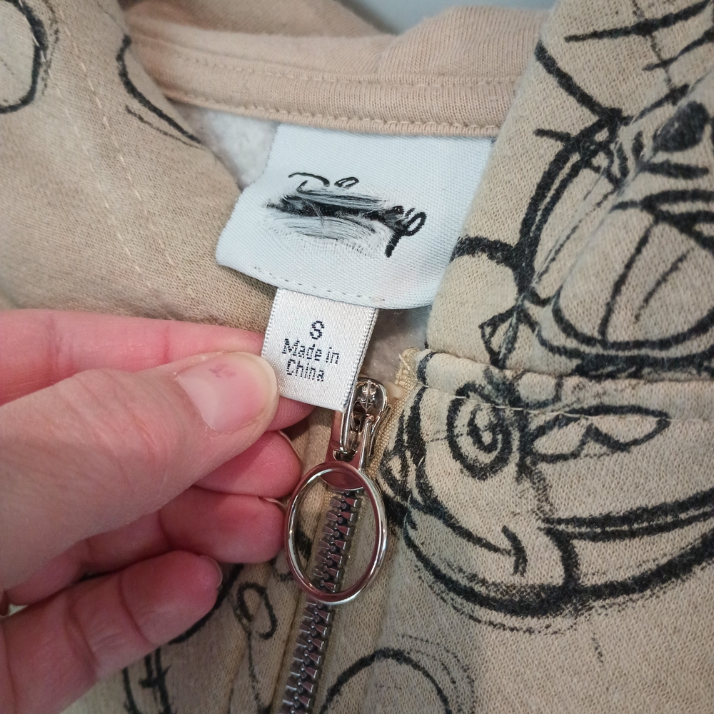Disney Minnie Mickey Mouse Sketch Zip Up Hoodie Tan Fleece Sweatshirt Small S - Picture 3 of 8